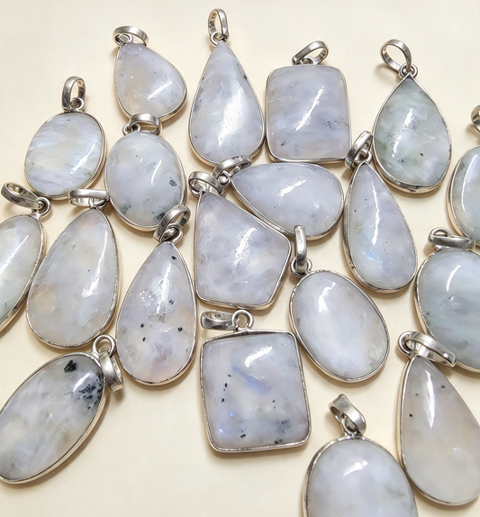 NATURAL RAINBOW MOONSTONE PENDANT Silver plated .Free stainless steel chain Random Pendant sent .