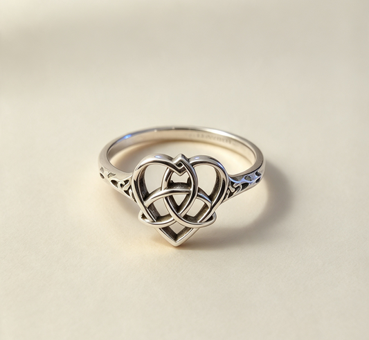 Celtic knot heart and triquetra ring size s
