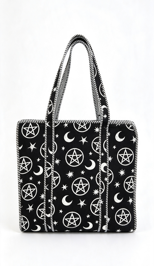 PIXI PERFECT BIG BLACK AND WHITE PENTAGRAM WITCHES BAG .