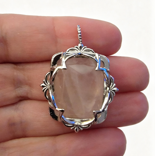 ROSE QUARTZ Silver plated Pendant free stainless steel chain