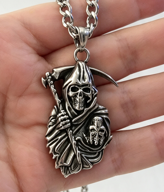 STAINLESS STEEL GRIM REAPER PENDANT FREE STAINLESS STEEL CHAIN.