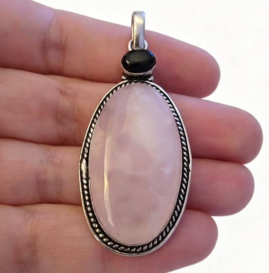 ROSE QUARTZ & ONYX Silver plated Pendant large ..free stainless steel chain.