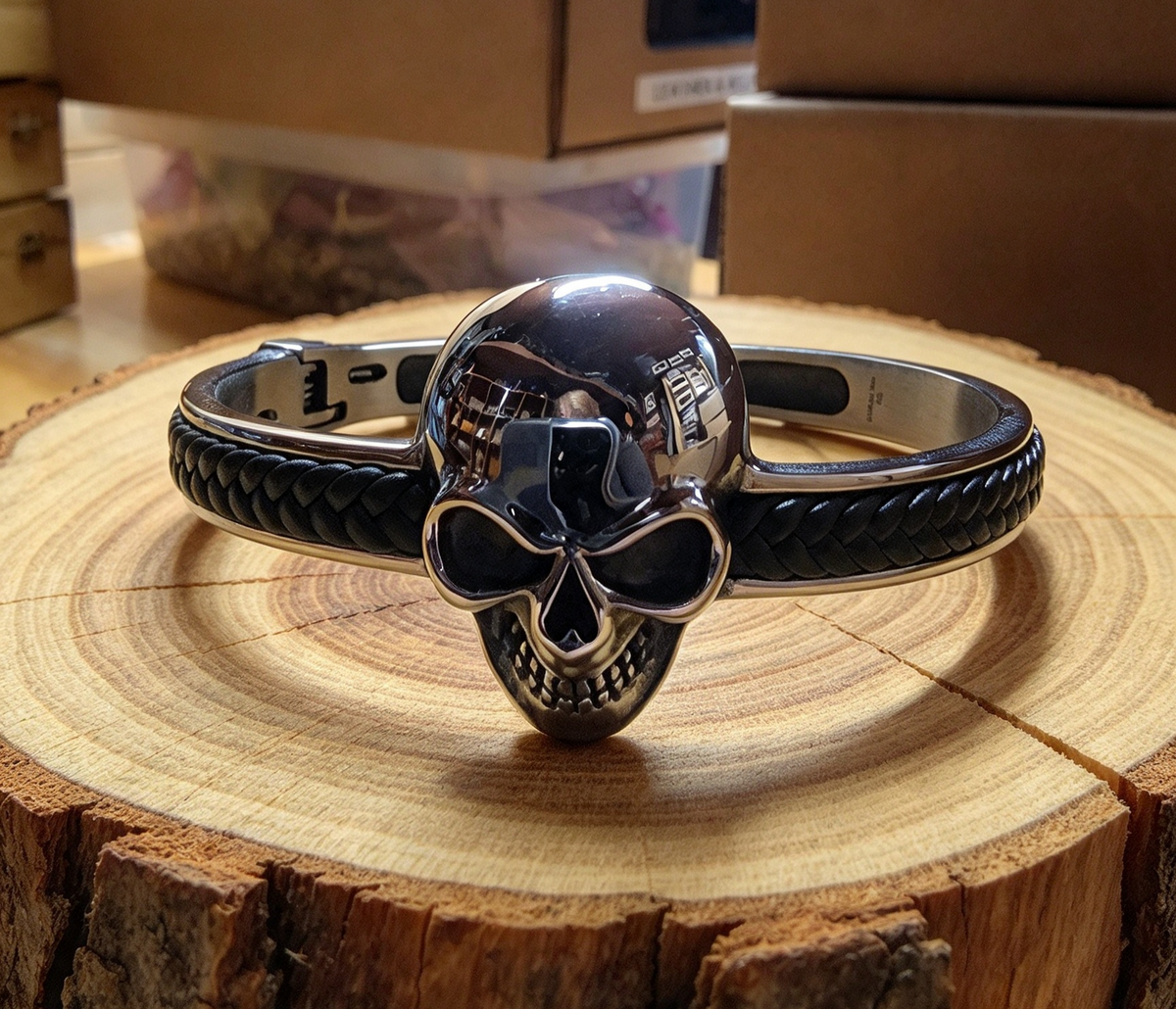 STAINLESS STEEL & LEATHER SKULL CUFF BRACELET