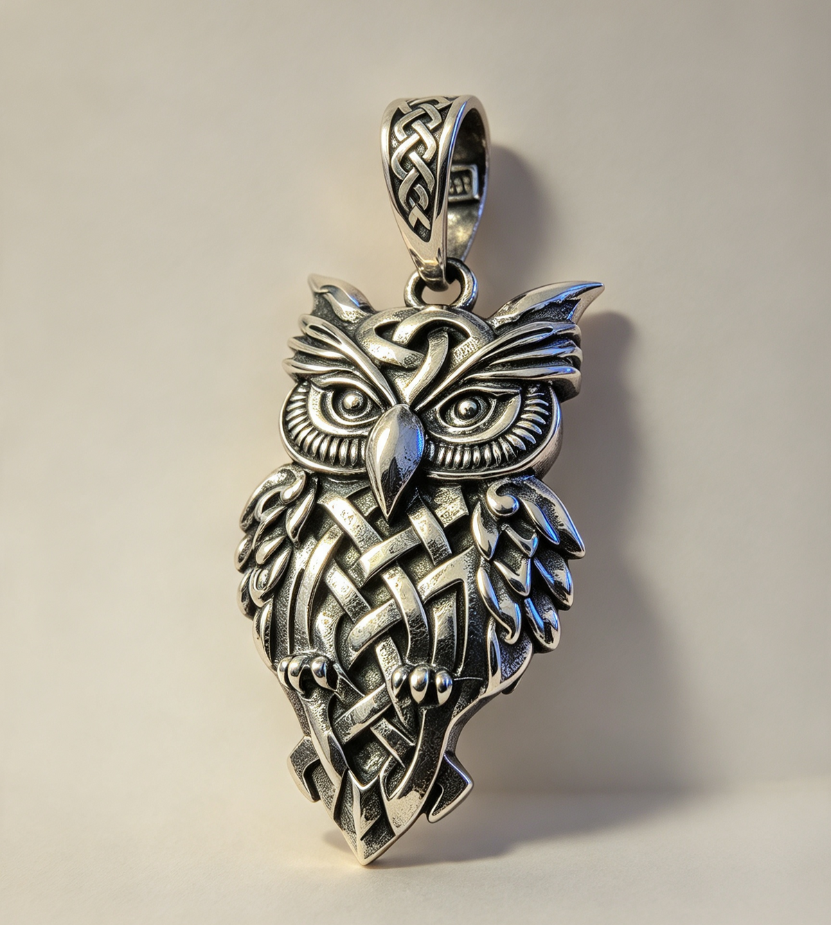 925 Sterling Silver Pendant..Celtic Owl 3.6cm by 1.8cm