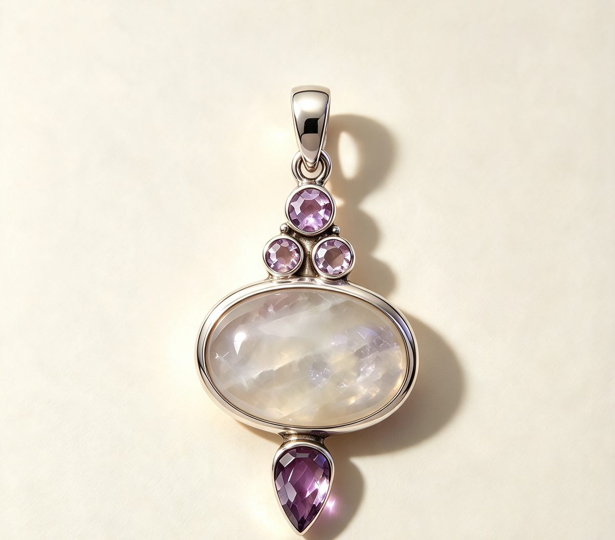 RAINBOW MOONSTONE WITH AMETHYST SET IN 925 STERLING SILVER 5cm