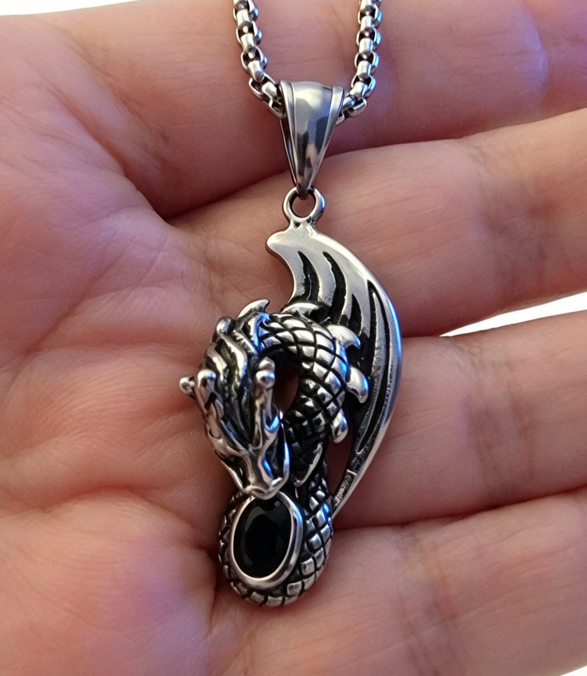 STAINLESS STEEL DRAGON PENDANT WITH OBSIDIAN FREE STAINLESS STEEL CHAIN.
