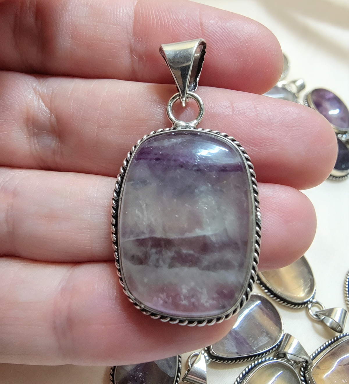 NATURAL FLUORITE PENDANT Silver plated. Free stainless steel chain. Random Pendant sent.