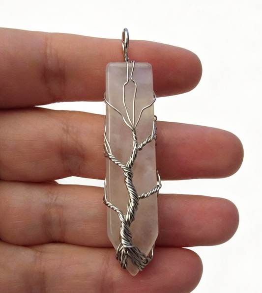 ROSE QUARTZ Wire wrapped Pendant free stainless steel chain.