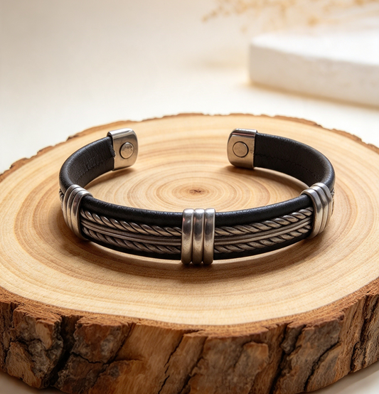 MAGNETIC LEATHER & ALLOY CUFF BRACELET