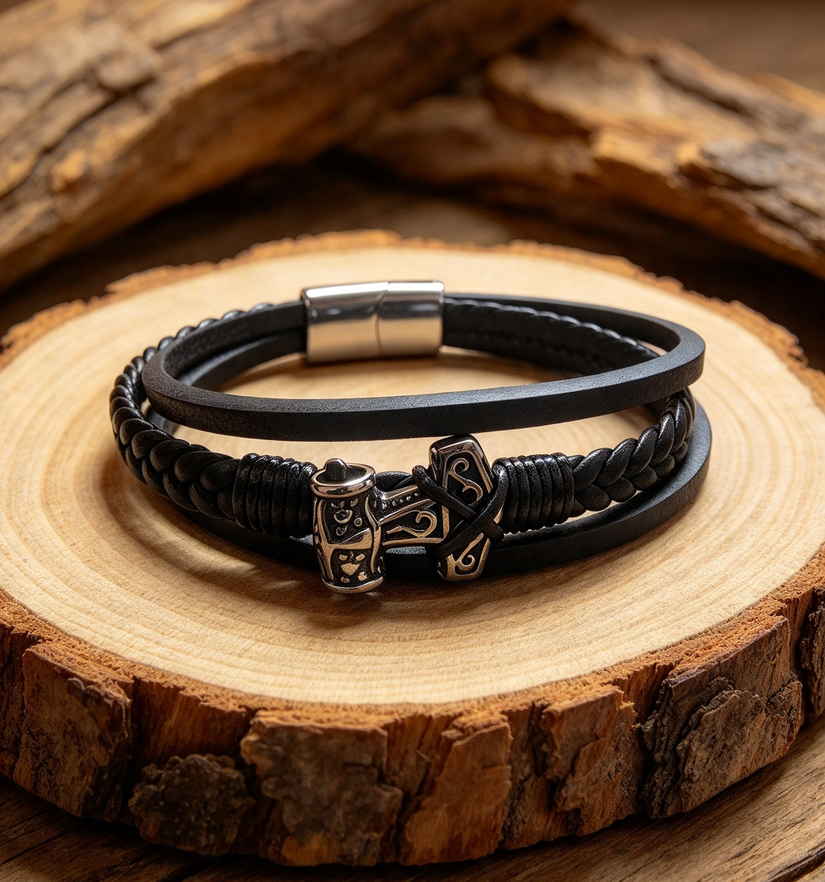 QUALITY MJOLNIR STAINLESS STEEL & LEATHER BRACELET