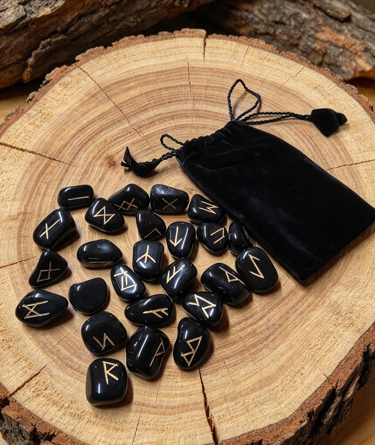 Handcrafted rune set in black valor pouch