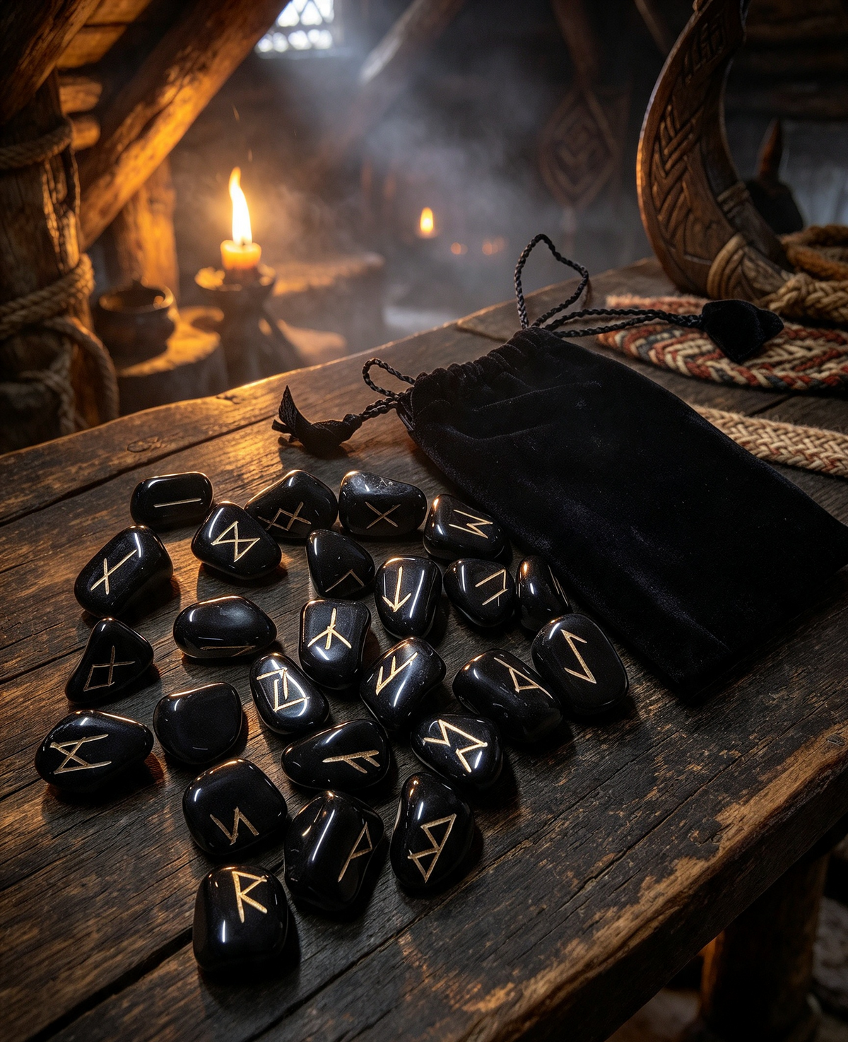 Handcrafted rune set in black valor pouch